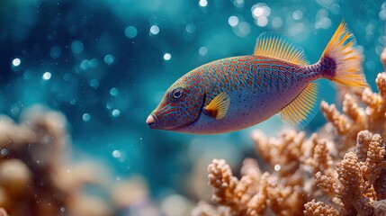 triggerfish swimming near a colorful coral reef, Underwater lighting with natural sunlight filtering through water