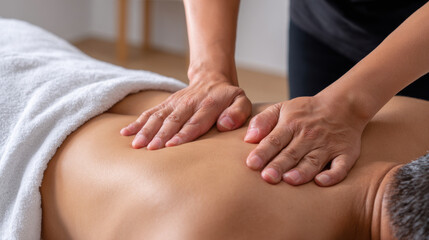 Fototapeta premium Close up of therapist professional hands giving relaxing back massage with oil. wellness treatment at spa provides body care and soothing relief for client
