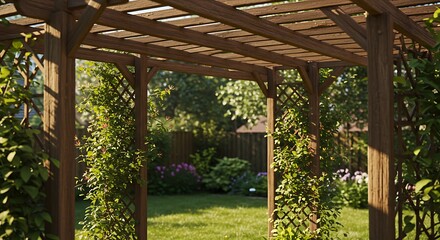 Sun-Dappled Wooden Pergola with Lush Vine Cover, Tranquil Garden Retreat.