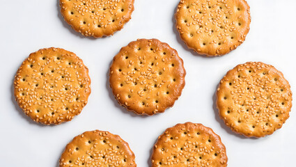 Round salted crackers with sesame seeds, top-down flat lay on white background.