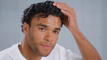 Handsome confident Black man styling his curly wet hair with product. Close up of young male model during his morning grooming beauty routine showing self care and satisfaction