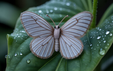 Elegant Butterfly on Dewy Green Leaf: Detailed Macro of a Delicate Insect with Intricate Wing Patterns and Water Droplets, Nature's Beauty and Serenity