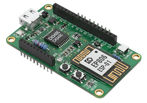 Small green circuit board with usb port and electronic components for technology projects isolated on transparent background