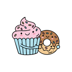 Sweet Treat Friendship Hug. Charming illustration of a delectable cupcake embracing a delightful doughnut. This adorable pair symbolizes warm companionship and pure joy.