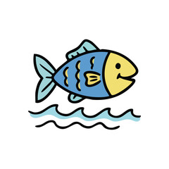 Happy Blue Fish Swimming Illustration. A cheerful marine animal glides through gentle waves. This delightful artwork evokes innocence and the joyful spirit of aquatic life, perfect for kids designs.