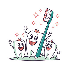 Happy cartoon cows brushing teeth with toothbrush dental hygiene concept isolated on transparent background