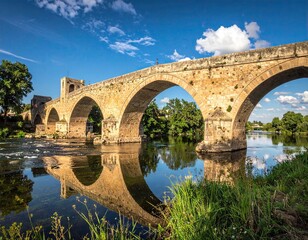 Fototapeta premium Ancient Stone Bridge Reflecting in Calm River Under Sunny Sky