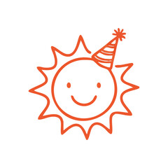 Joyful Sun with Party Hat. This vibrant illustration of a beaming star, adorned with a festive cone, symbolizes merriment and happy occasions. An optimistic graphic.