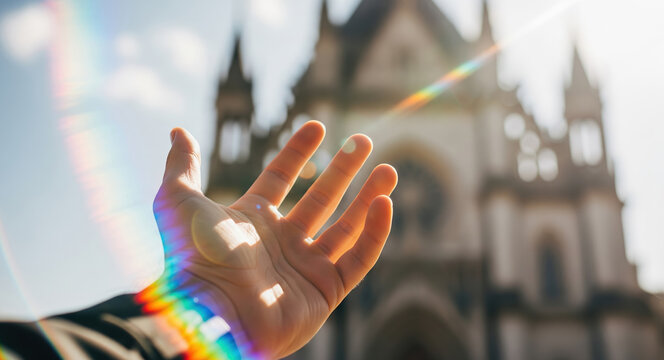 Open palm with rainbow light reflections against blurred urban architecture background. Human hand gesture, colorful prism effects, spiritual wellness concept, natural sunlight. - Powered by Adobe
