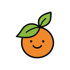 Smiling Orange Fruit Icon. Depicts a sweet, happy citrus produce with green foliage. Its friendly demeanor symbolizes fresh beginnings and positive energy.