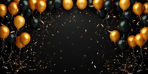 Black background, gold & black balloons descend with confetti  Festive, celebratory scene, anniversary, celebration