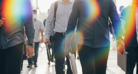 Business professionals walking with briefcases and rainbow light effects. Corporate team collaboration, office networking with prismatic spectrum overlay, workplace innovation concept.