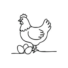 Cartoon Hen with Fresh Eggs. Line art illustration of a domestic fowl standing proudly by its clutch. This simple graphic conveys themes of new beginnings, homesteading, and nature's bounty.