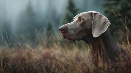 Weimaraner in a classic hunting pose in tall grass field, Early morning natural light with soft mist