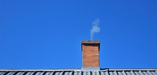 Thin wisp of grey smoke rising from a chimney against a vibrant blue sky, metal roof visible,  outdoors,  metal