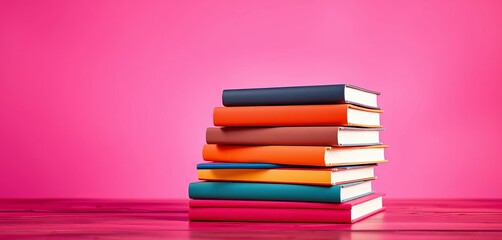 Uneven stack of vibrant books, pink-purple gradient background ,  colorful books,  stacked books