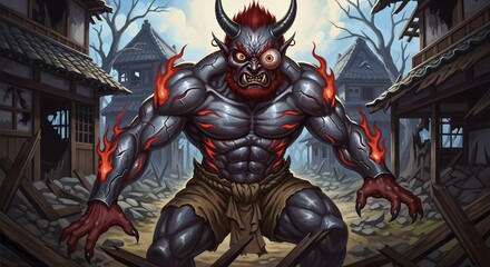 Fototapeta premium Flaming horned oni demon in ruined village