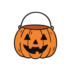 Cartoon Halloween Pumpkin Pail. A cheerful jack o lantern container, perfect for spooky festivities. Represents holiday joy and collecting delightful confectionery.