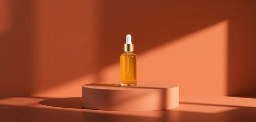 Sleek cosmetic dropper bottle on minimalist brown podium, dramatic shadows, ample copy space,  minimalist,  cosmetic