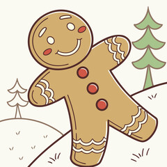 Joyful gingerbread man character dancing in snowy winter landscape christmas scene isolated on transparent background