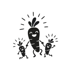 Happy Carrot Family Celebration. A delightful trio of root vegetables, depicting parent and children, shares an energetic, playful moment. This charming illustration embodies wellness, unity, and.