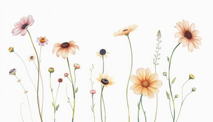 Delicate watercolor wildflowers in soft pastels, artistic summer botany on white,  shabby chic,  field