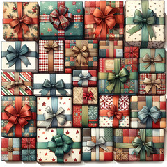 Many Christmas gift boxes, holiday flat lay illustrations holiday background, gift and sale concept
