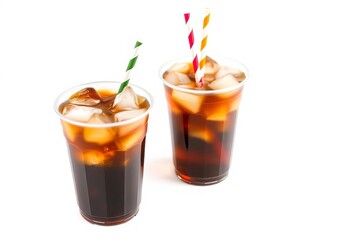 Two plastic cups filled with cola, ice, and striped straws, isolated on white,   quench,  liquid