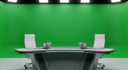 News studio with green screen. Modern set for broadcasting and television. Virtual newsroom for chromakey production.