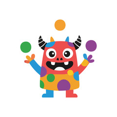Whimsical Creature Juggling Spheres. A delightful, multi-hued mascot performs a skilled routine with bright, round objects. This amiable critter symbolizes coordination, dexterity, and playful.