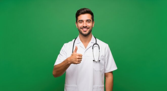 Smiling casual caucasian man doctor showing thumb up. Medical healthcare concept on green screen for chroma key compositing.