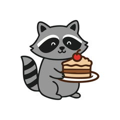 Adorable Raccoon Offers Sweet Pastry. This cheerful woodland creature presents a delectable multi-layered confection. A delightful graphic conveying warmth, sharing, and hospitality.