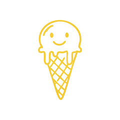 Smiling Yellow Ice Cream Cone. A cheerful golden frozen dessert on a crisp waffle pastry. This joyful illustration evokes simple pleasures, summer delight, and sweet happiness.