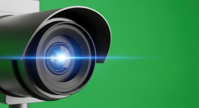 Security camera with bright lens flare on chroma key background. Surveillance system for safety and monitoring. Privacy technology.