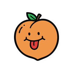 Happy Cheeky Peach Character Design. This joyful fruit figure with a playful tongue extended conveys a lighthearted, carefree, and mischievous attitude. Vibrant, whimsical artwork.