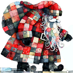 Abstract folk Santa Claus with bag going,  playful winter watercolor illustration