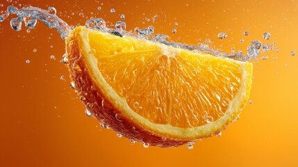Floating slice of orange with juice droplets