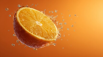 Floating slice of orange with juice droplets