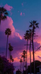 Obraz premium Vibrant sunset hues paint a dreamy sky above a line of tall palm trees, their silhouettes stark against the colorful clouds. Power lines trace the scene
