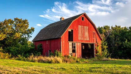 Obraz premium Rustic red barn under a sunset sky