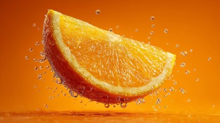 Floating slice of orange with juice droplets