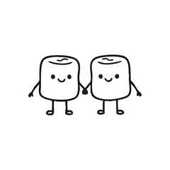 Cute Marshmallows Holding Hands. Adorable cartoon sweet treats with smiling faces depicting loving togetherness and strong bonds. A symbol of unity.