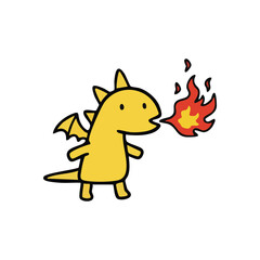 Cute Yellow Dragon Breathing Fire. Adorable golden mythical beast expelling hot flames. This charming illustration evokes playful magic and childlike wonder, symbolizing imagination.