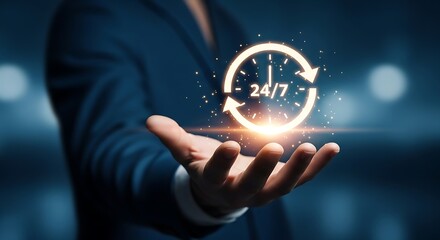 Businessman offering 247 service concept with clock icon on open palm