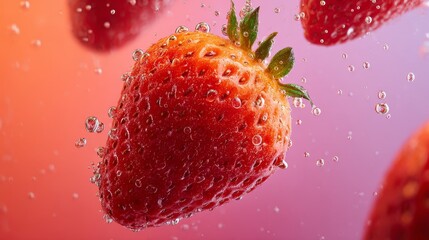 Fresh strawberry with water droplets suspended in air