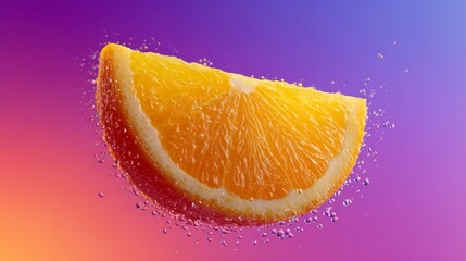 Floating slice of orange with juice droplets