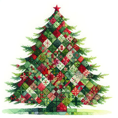 Patchwork christmas tree. Cute folk holiday colorful illustration isolated on white background
