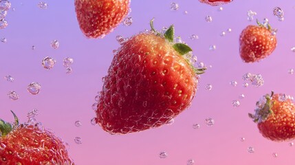 Fresh strawberry with water droplets suspended in air