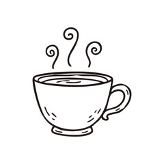 Steaming Coffee Mug Hand Drawn Sketch. Simple illustrative outline of a warm beverage in a ceramic vessel, emanating comforting vapors. Perfect for cozy designs or cafes.