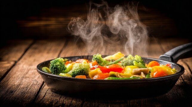 Freshly stir fried vibrant vegetables sizzle in a cast iron skillet featuring steaming broccoli green beans and bell pep